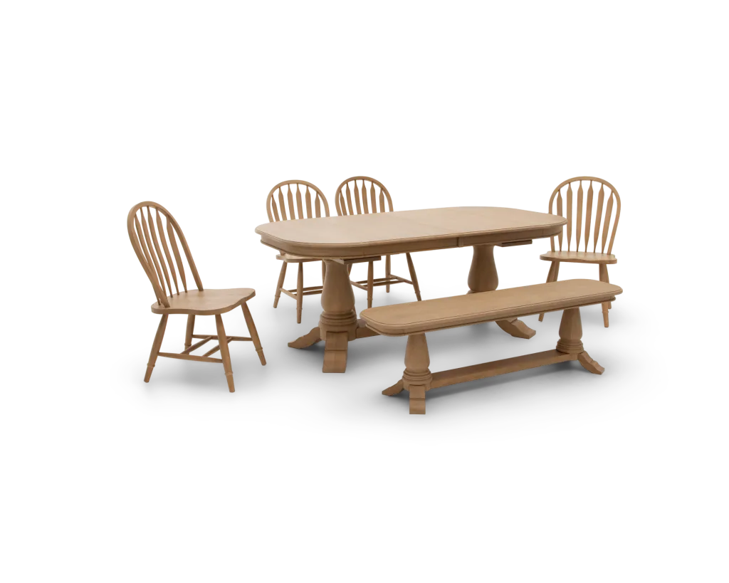 Heirloom5PcDoublePedestalTableArrowbackDiningChairBenchJune202603